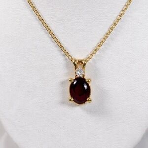 Gold Tone Red Garnet Oval Pendant Necklace with Accent Stone 18 Inch Chain